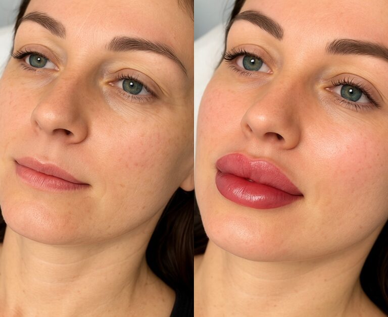 Imagen de una paciente de antes y despues de un tratamiento de aumento de labios en Fuengirola Málaga con acido hialurónico